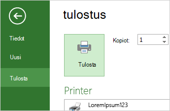 Tulosta-painike ja tulostusasetukset Backstage-näkymässä