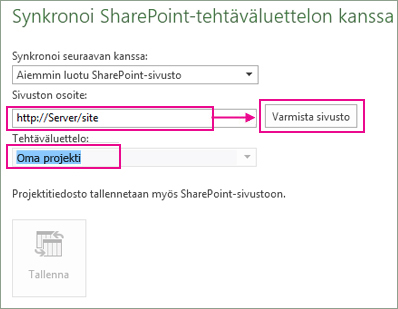 Projektin tallentaminen SharePointiin