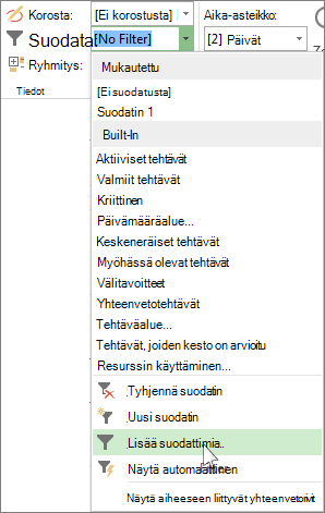 Projectin valintanauha ja mukautetun suodattimen luominen.