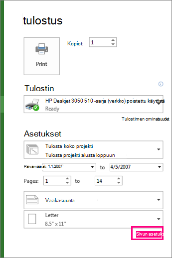 sivun asetukset -valintaikkuna tulostamiseen ilman selitettä