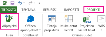 Projectin valintanauha, jossa näkyy Lisää aliprojekti -komento.