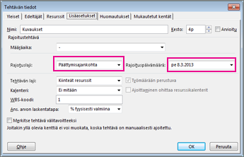 Päättymispäivän määrittäminen tehtävälle