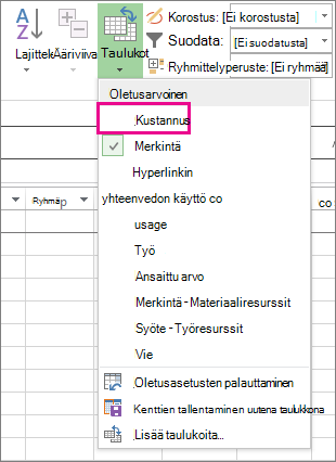 Taulukot-valikon Kustannukset-taulukko