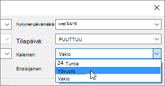 Kalenteriluettelo Projektin tiedot -valintaikkunassa