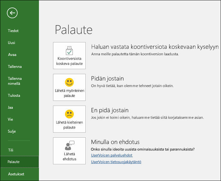 Valitse Lähetä > palautetta ja lähetä kommentteja tai ehdotuksia Microsoft Projectista