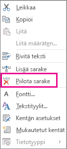 Hiiren kakkospainikevalikon Piilota sarake -komento