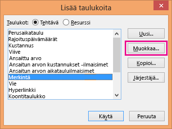 Lisää taulukoita -valintaikkuna