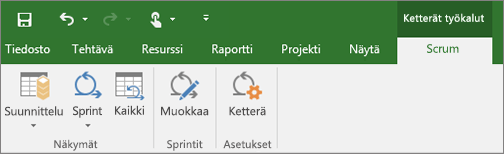 Näyttökuva Project-valintanauhasta, jossa näkyy Agile-työkalut-välilehti