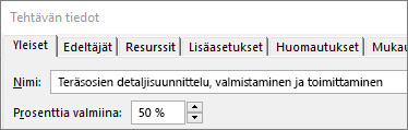 Näyttökuva tehtävien Tehtävän tiedot -valintaikkunasta, jossa näkyy valmistumisprosentti