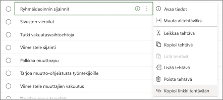 Valintaikkuna, jossa on luettelo tehtävistä. Kopioi linkki tehtävään -painike on korostettuna.