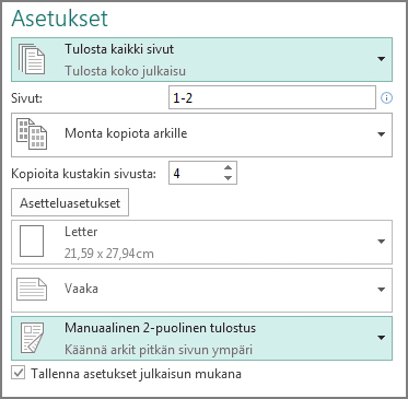 Publisherin asetukset kaksipuoliseen tulostukseen.