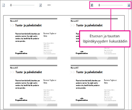 Esikatselun liukusäädin, jonka avulla voit tarkastella julkaisun etu- ja taustapuolta ja tarkistaa, että ne on rivitetty oikein.
