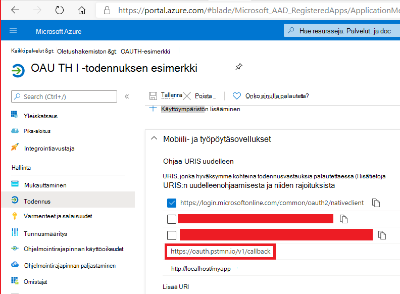 Azure Active Directory -sovelluksen rekisteröinti uudelleenohjaa Uri