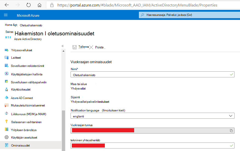 Nouda TenantId Azure Active Directory -terän Ominaisuudet-välilehdestä