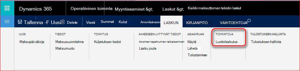 Tässä kuvassa näytetään, miten voit etsiä Luottolaskutus-toiminnon.