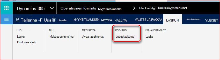 Tässä kuvassa näytetään, miten voit etsiä Luottolaskutus-toiminnon.