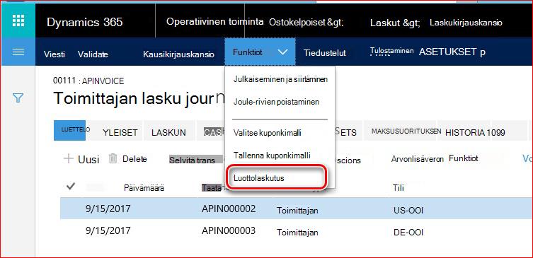 Tässä kuvassa näytetään, miten voit etsiä Luottolaskutus-toiminnon.