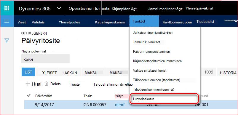 Tässä kuvassa näytetään, miten voit etsiä Luottolaskutus-toiminnon.
