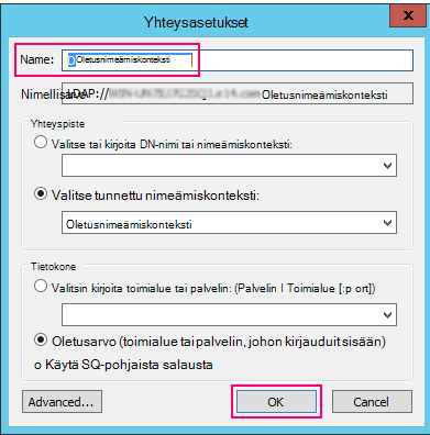 Näyttökuva Yhteysasetukset-valintaikkunasta.