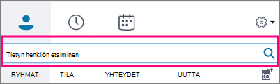 Kun Skype for Businessin hakukenttä on tyhjä, käytettävissä olevat välilehdet ovat Ryhmät, Tila, Yhteydet ja Uusi.