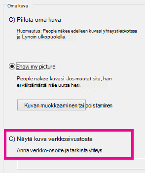 Lyncin Oma kuva -asetusikkuna, jossa sivustosta valittavan kuvan asetus näkyy korostettuna