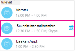 Tulevien kokousten näyttö, jossa yksi kokous näkyy korostettuna