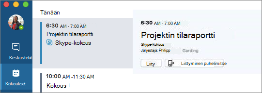 Kokoukset-välilehden Liity puhelimitse -vaihtoehto