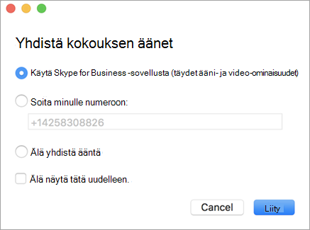 Esimerkki Yhdistä kokouksen äänet -valintaikkunasta