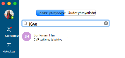 Näyttökuva Yhteystiedot-välilehdestä, kirjoitettu hakuteksti ja näkyvissä hakutulos.