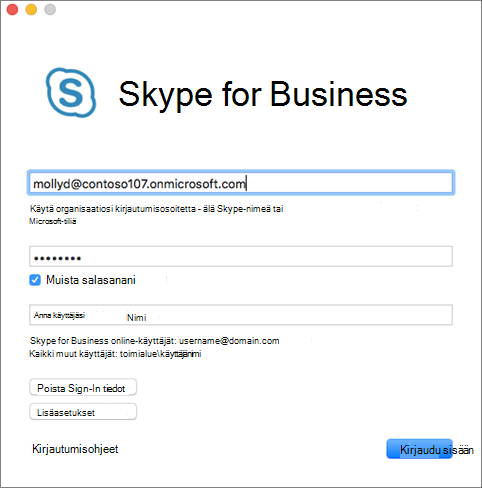 Skype for Business for Macin sisäänkirjautumisikkuna