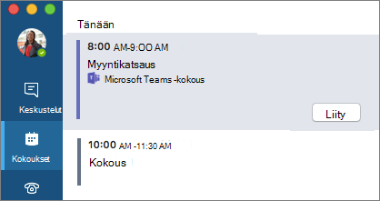 Teams-kokous Kokoukset-välilehdessä