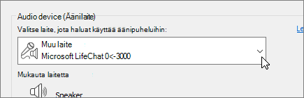 Näyttökuvassa on avattava äänilaitevalikko Äänilaiteasetukset-valintaikkunassa.