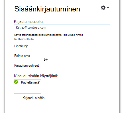 Näyttökuvassa on Poista kirjautumistietoni -painike Skype for Businessin kirjautumisruudussa.