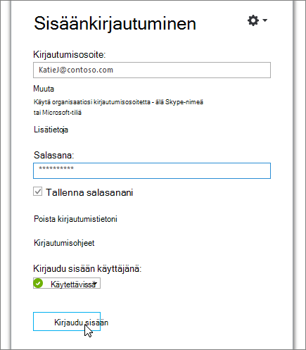 Näyttökuvassa näkyy mihin salasana syötetään Skype for Businessin kirjautumisruudussa.
