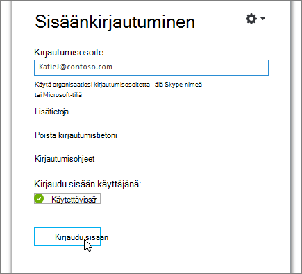 Näyttökuvassa on Kirjaudu sisään -painike Skype for Businessin kirjautumisruudussa.