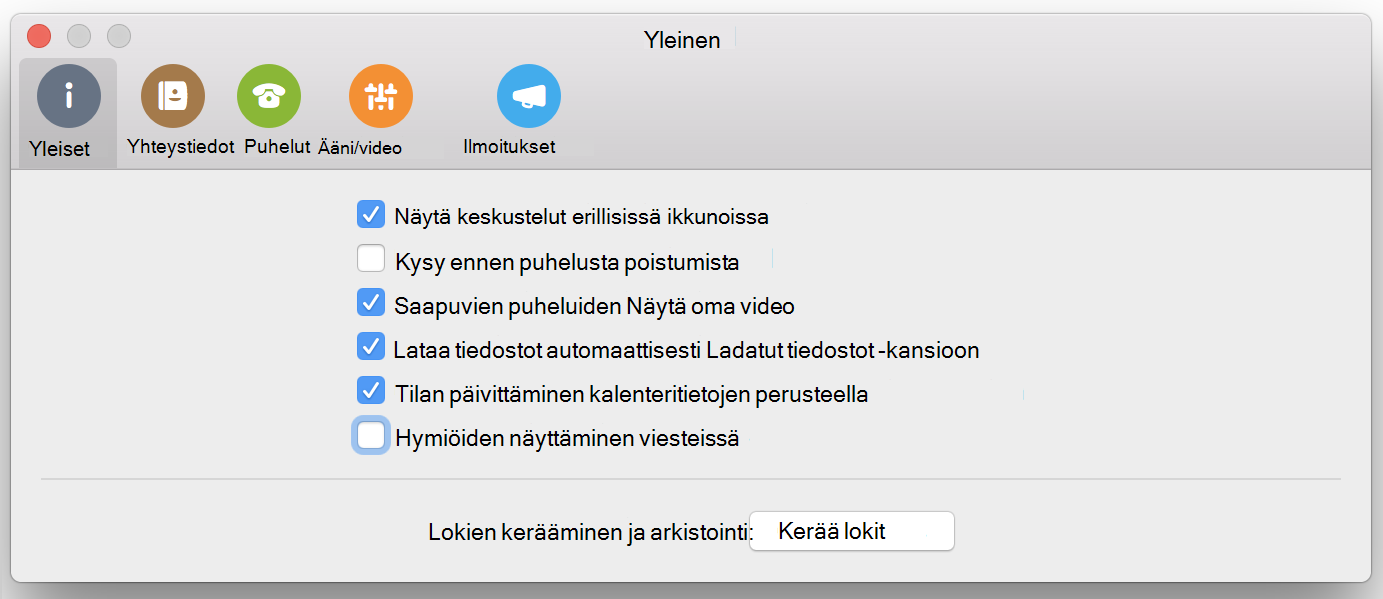 Näytä hymiöt viesteissä -valintaruutu asetusten Yleiset-sivulla