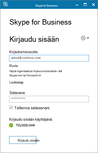 Näyttökuva Skype for Businessin kirjautumisnäytöstä.