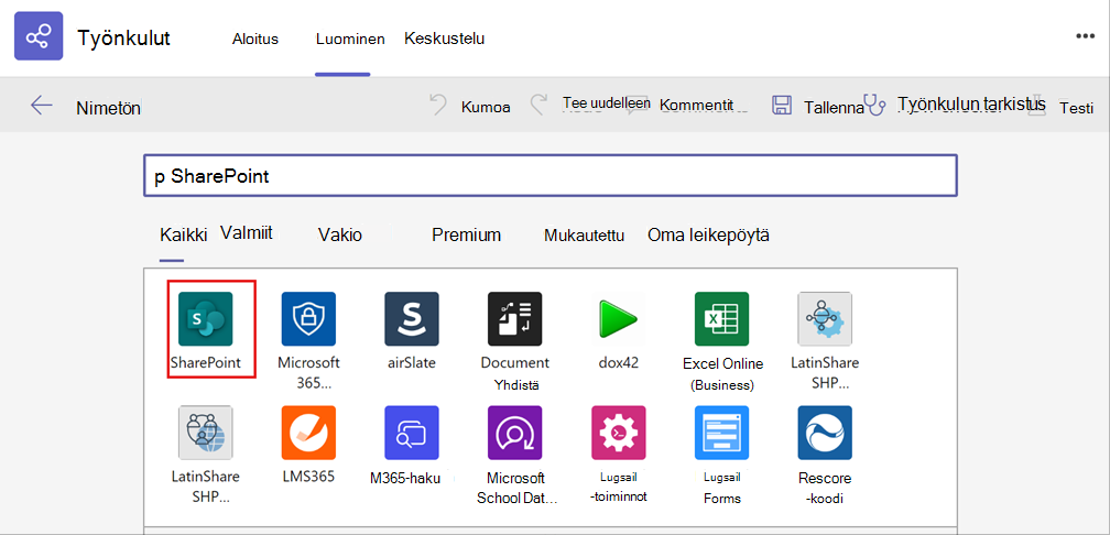 näyttökuva SharePoint-sovelluksen valitsemisesta