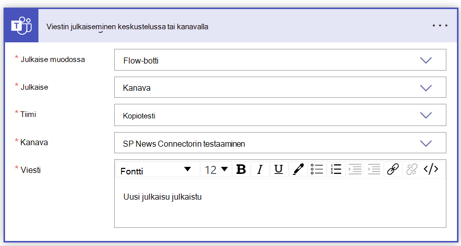 näyttökuva viestistä, joka on täytetty keskustelukanavan lomakkeessa