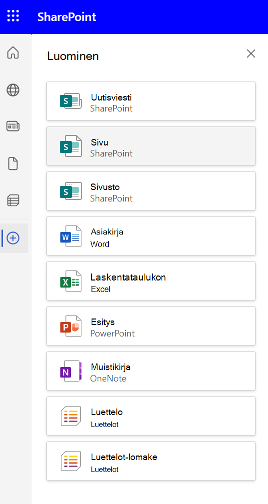 Sivun lisääminen sovelluspalkista