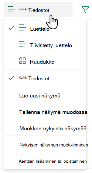 Näyttökuva luettelonäkymän muuttamiseen käytetystä avattavasta Kaikki tiedostot -näkymästä.