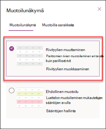näyttökuva vaihtoehtoisten rivien muotoilusta