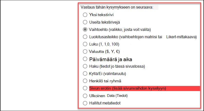näyttökuva vastaustyypistä
