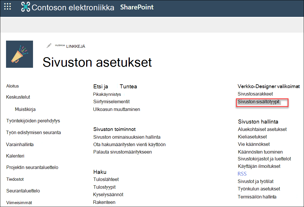 Sivuston asetukset -valintaikkunan Sivuston sisältötyypit -vaihtoehto.