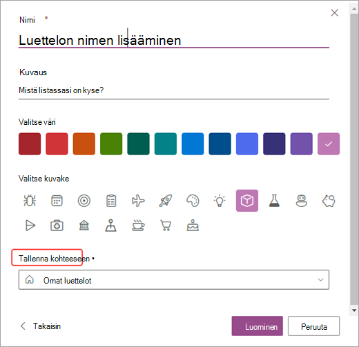 Näyttökuva luetteloiden mukauttamisvaihtoehdoista SharePointissa.