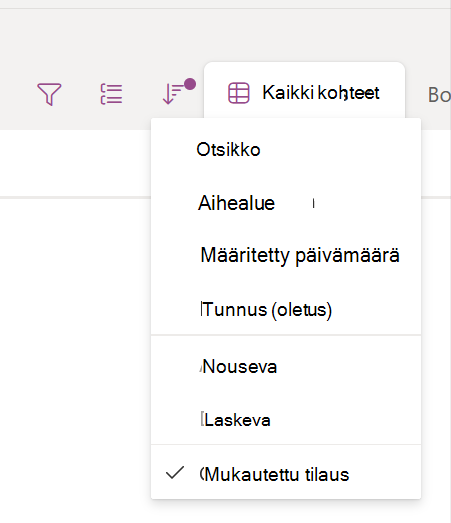 Avattava lajitteluvalikko, jossa näkyy mukautettu järjestys valittuna
