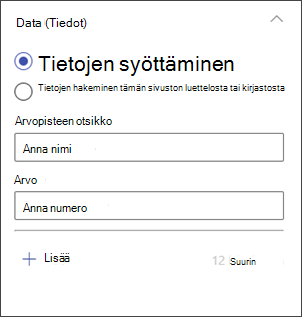 näyttökuva pylväskaavion muokkausruudusta tietojen syöttämistä varten
