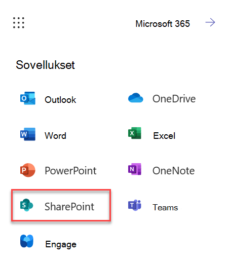 Näyttökuva SharePointin käynnistämisestä M365:stä