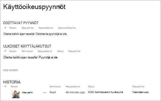 Käyttöoikeuspyynnöt-näkymä, jossa näkyy pyyntöhistoria.