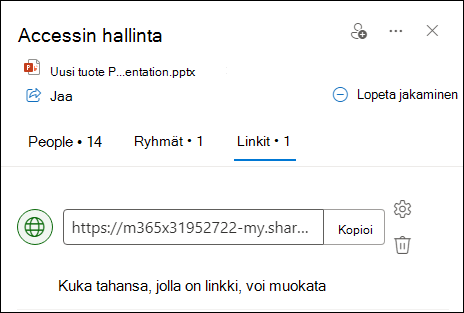 Näyttökuva, jossa näkyy Käytön hallinta -valintaikkuna ja Linkit-välilehti avoinna.